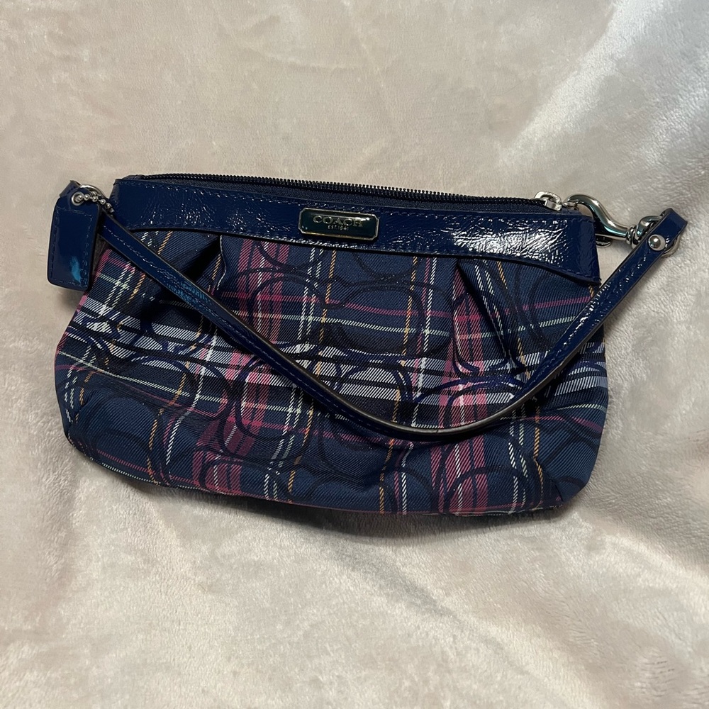 Coach Tartan Plaid Navy Blue Wristlet
